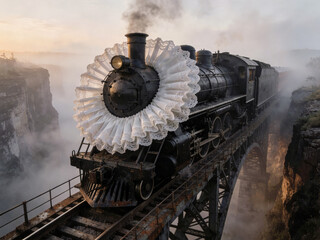 Fototapeta premium Vintage black steam locomotive adorned with an elaborate ruff collar of pleated white lace, standing majestically on a bridge spanning a misty canyon at dawn with soft diffused light filtering...