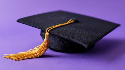 Graduation Cap with Gold Tassel on Purple Background Symbolizing Academic Achievement and Celebration