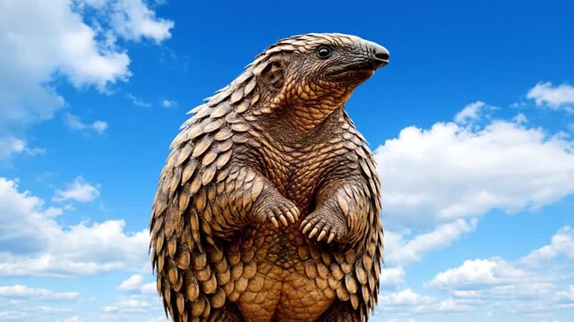 A pangolin stands upright against a serene blue sky with white clouds, showcasing its unique scales.
