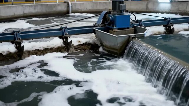 Medium shot of an aerobic wastewater treatment clarifier with bubbling oxygen aeration and mechanical scrapers removing solids before clean water discharge.
