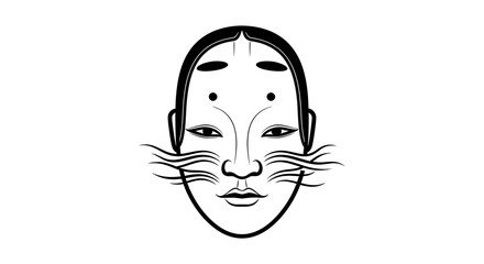 Japanese Kabuki mask with stylized whiskers and expressive eyes, black and white vector art