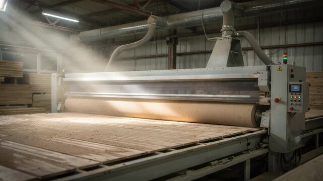 Industrial widebelt sander in action smoothing wooden panels with coarse grit showing dust particles and highspeed abrasive belts in a factory setting.