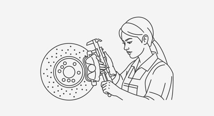 Female mechanic inspecting car brake caliper with caliper tool, close-up line art illustration