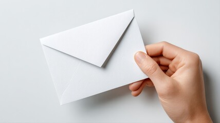 Fototapeta premium Hand Holding a Blank White Envelope Ready to Mail, Communication and Invitation Concept