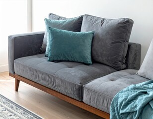 Modern Grey Sofa with Teal Velvet Pillow in Bright Minimal Living Room Interior &ndash; Contemporary Home Decor Concept