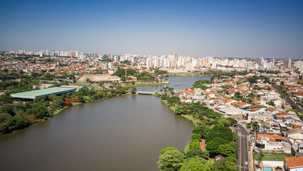 Obraz premium Aerial view of reservoir and downtown Sao Jose do Rio Preto, Sao Paulo, Brazil