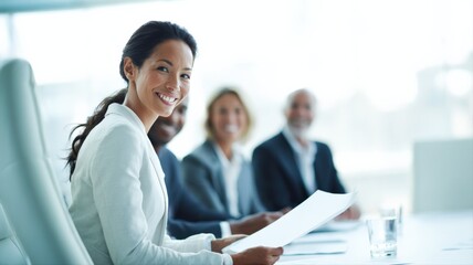 Naklejka premium Professional Business Meeting with Diverse Team Members Smiling and Looking at Camera in Office Setting