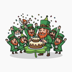 Fototapeta premium Leprechaun group celebrating a birthday with cake and cheerful elves and fairies.