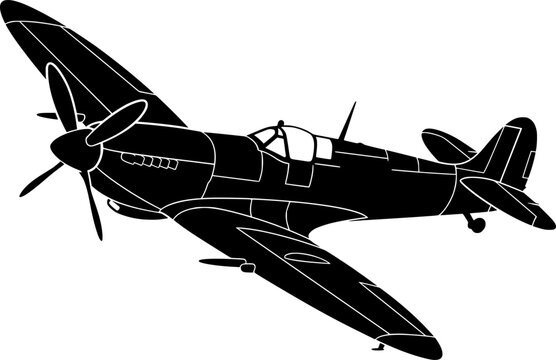 Detailed black silhouette of a vintage WWII Spitfire fighter plane banking in flight, military aviation concept, flat vector illustration, isolated on white background