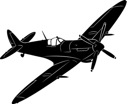 Detailed black silhouette of a vintage WWII Spitfire fighter plane banking in flight, military aviation concept, flat vector illustration, isolated on white background