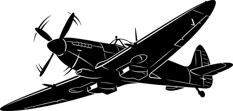 Detailed black silhouette of a vintage WWII Spitfire fighter plane banking in flight, military aviation concept, flat vector illustration, isolated on white background