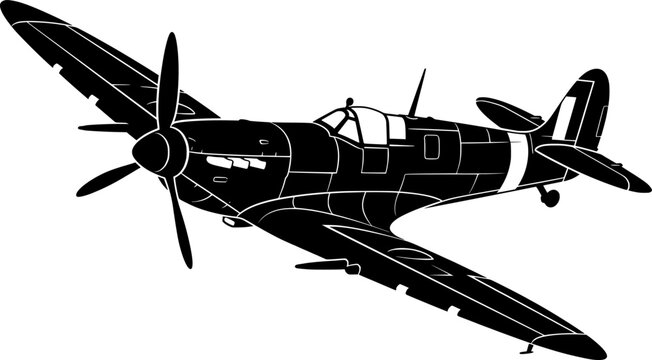 Detailed black silhouette of a vintage WWII Spitfire fighter plane banking in flight, military aviation concept, flat vector illustration, isolated on white background