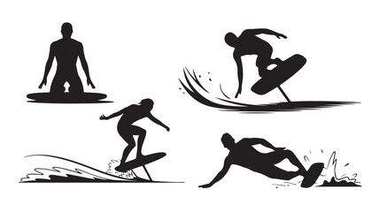 Fototapeta premium Vector Illustration Of Silhouette Surfers In Various Actions On Water For Sports And Adventure Concepts