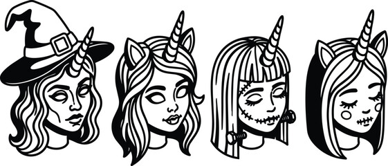Obraz premium Tattoo flash monochrome close up heads with unicorn horns and witch hats four female portraits with stitched mouths frontal detail