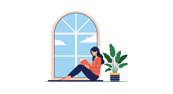 Relaxed young woman sitting on a windowsill reading an interesting book next to a large potted indoor plant on a sunny afternoon.