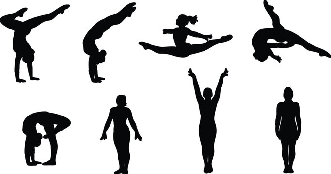 Silhouette vector gymnasts performing diverse acrobatic poses including handstand split leap balance flat minimal layout on white studio arrangement background