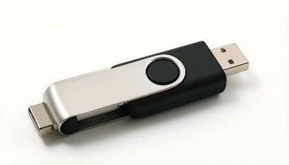 Modern dual USB-C and USB-A flash drive with swivel metal casing on white background