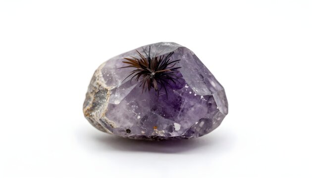 Unique amethyst crystal with acicular inclusions resembling a starburst on a white background