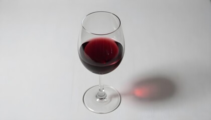 A single glass of red wine sits on a white surface, casting a soft shadow