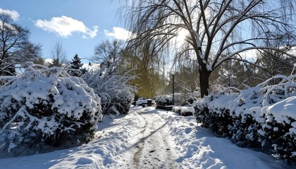 Sunlight streams through snow-covered trees and bushes along a park path in winter