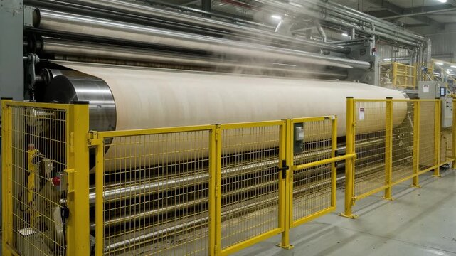 Medium frame showing safety barriers around dryer section steam cylinders emphasizing industrial safety with rows of heated drums drying paper web.