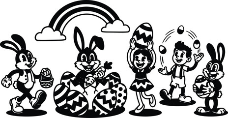 Retro cartoon 1950s vintage illustration playful easter bunny characters with children carrying decorated eggs under rainbow smiling juggling basket side