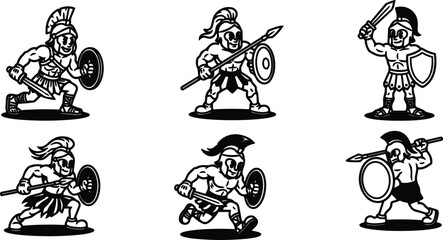 Naklejka premium Cartoon mascot vector set of six ancient greek hoplite warriors charging with spears shields and crested helmets in line art