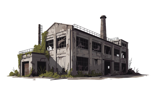 Old abandoned factory building with broken windows and overgrown greenery standing as a ruin in a pixel art style.