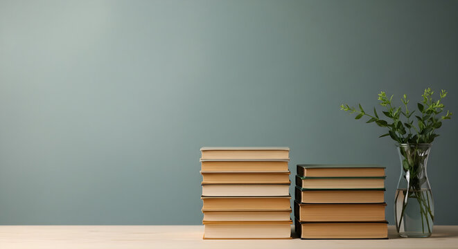 Stack of books and green plants on wooden table against blue background with copy space