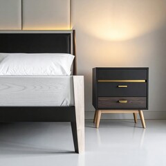 Modern Minimalist Bedroom Interior with Black Bed Frame and Mid-Century Nightstand &ndash; Warm Ambient Lighting Concept
