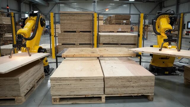 Dual robot arms synchronously working to arrange varied plywood panel sizes onto pallets showcasing advanced coordinated automation.