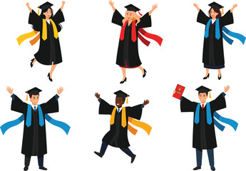 Set of happy diverse graduate students wearing academic caps and gowns celebrating with diplomas and joyful poses isolated on white background for graduation ceremony