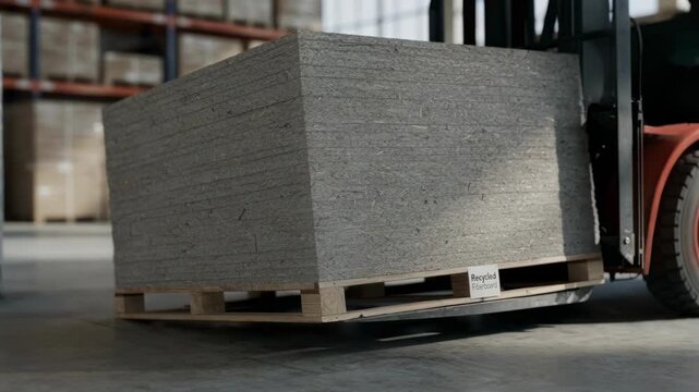 Medium shot of grayboard recycled fiber sheets being stacked in a warehouse highlighting durable and ecoconscious material for solid fiberboard applications.