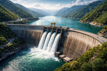 Aerial view of a large dam with flowing water surrounded by mountains and greenery.