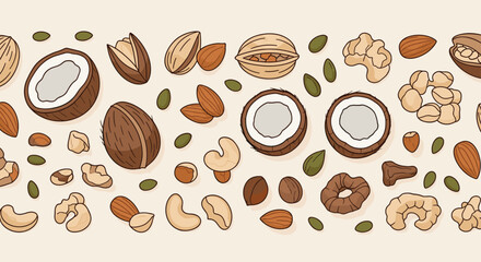 Obraz premium Decorative border arrangement made of various whole and halved nuts including coconuts, walnuts, and almonds.