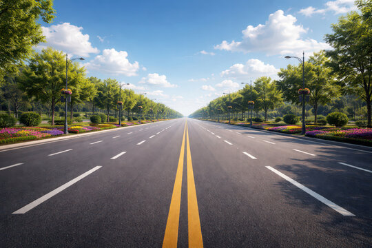 Wide, empty road lined with trees and flowers under a blue sky.