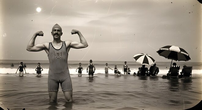 A man flexing his muscles in a swimsuit on the beach.