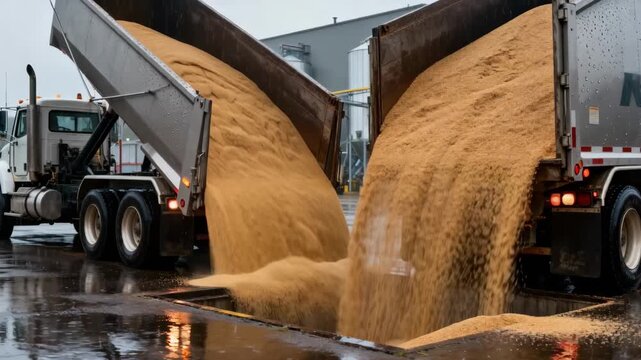 Medium angle of grain trucks dumping raw grain into intake pits at a mill yard in rainy conditions capturing wet surfaces and the challenges of adverse weather in grain logistics.