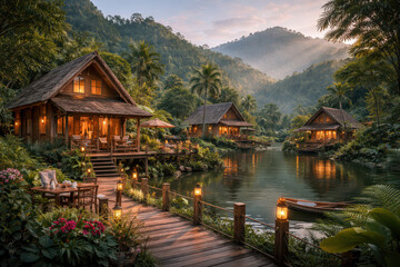 Obraz premium Serene lakeside cabin retreat surrounded by lush greenery at sunrise.