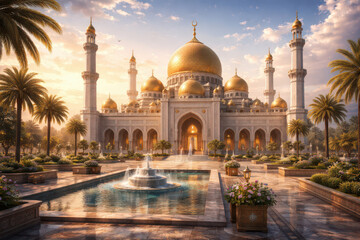 Naklejka premium A majestic mosque with golden domes surrounded by palm trees and fountains.