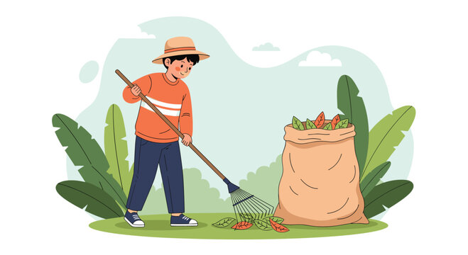 Young boy wearing a straw hat diligently raking fallen autumn leaves into a large burlap sack in a backyard garden filled with lush green foliage.