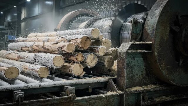 Medium shot of frozen logs entering a debarking and chipping system emphasizing the contrast between icy surfaces and heavyduty equipment preparing wood for pulping.