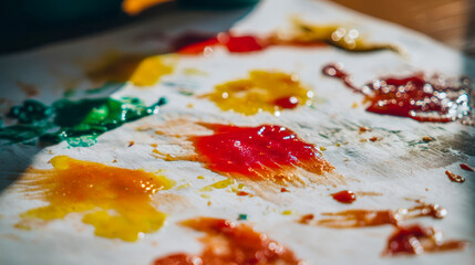 Obraz premium Multicolored sauce and food stains on paper surface, abstract culinary background with ketchup, mustard