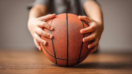Naklejka premium Close-up of children's hands holding basketball, children's sports training, children's physical activity and young athlete development
