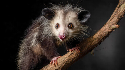 Fototapeta premium An aye-aye climbing a tree branch in low light, a rare nocturnal primate, exotic wild animal and scene