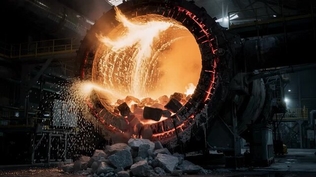 Medium shot of a blazing lime kiln with glowing embers showcasing intense heat and industrial energy in the recausticizing process of white liquor chemical regeneration.