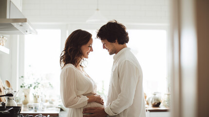 Obraz premium smiling expectant couple in bright kitchen with husband touching belly, happy future parents celebrating pregnancy at home, romantic moment of young man and woman starting a family