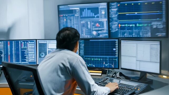 Tech specialist monitoring semiautomated data processing systems balancing human oversight with machine speed to optimize productivity.