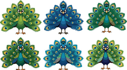 Cute cartoon peacock set with colorful feather tails, adorable bird character collection illustration isolated on white background for kids design and decoration © MdNurul