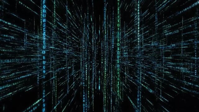 Abstract visualization of digital data streams, with binary code falling, in a dark space